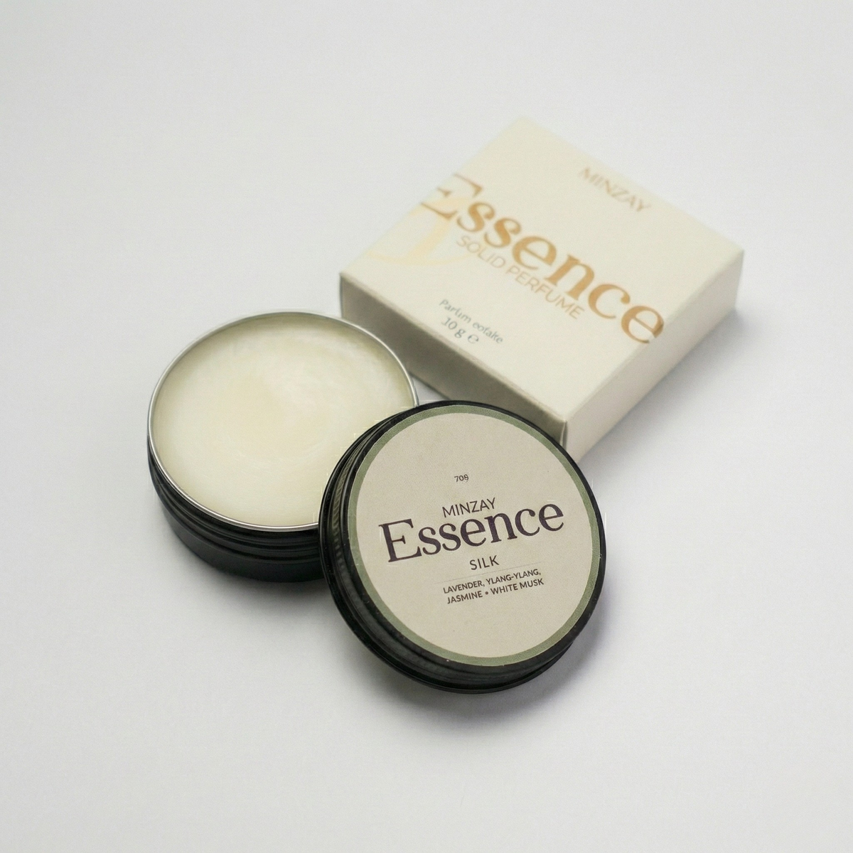 MINZAY Essence solid perfume in Silk, soft lavender and ylang-ylang florals, in a 30g tin
