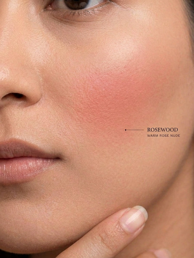 MINZAY Studio Blush Stick in Rosewood blended onto the cheek