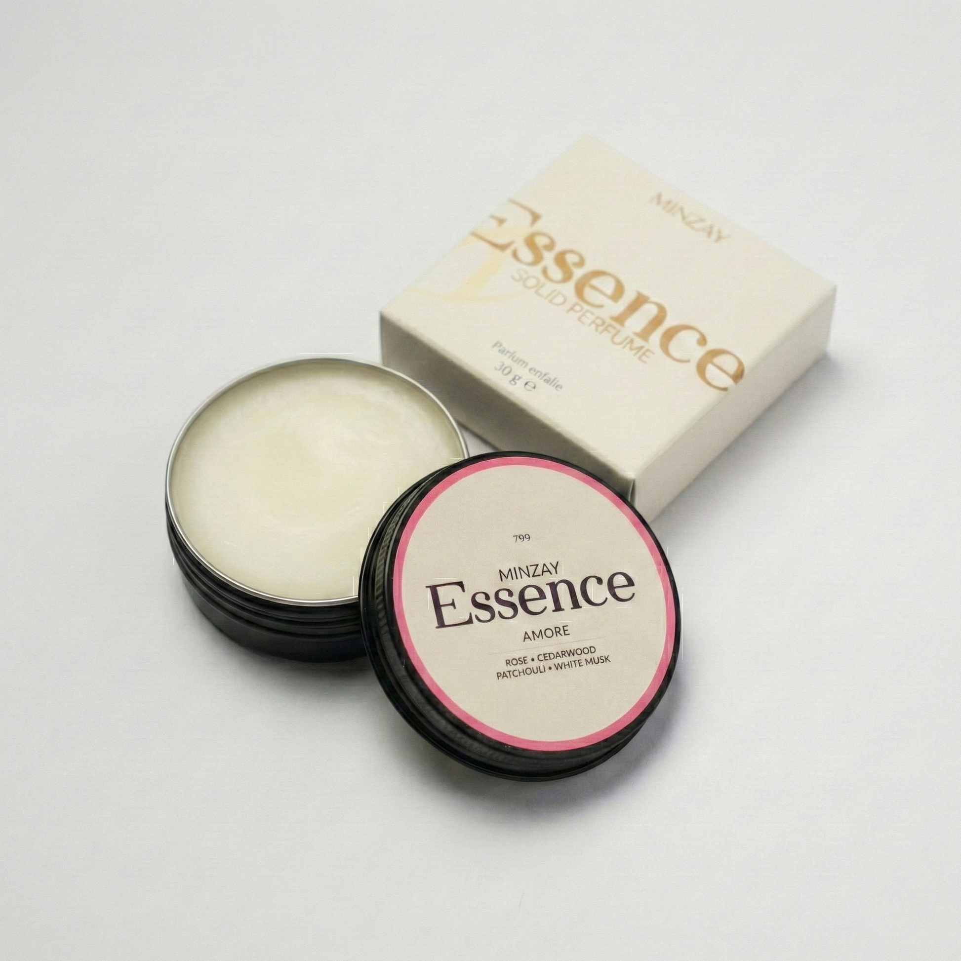 MINZAY Essence solid perfume in Amore, romantic rose with cedarwood and patchouli, in a 30g tin