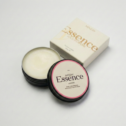 MINZAY Essence solid perfume in Amore, romantic rose with cedarwood and patchouli, in a 30g tin
