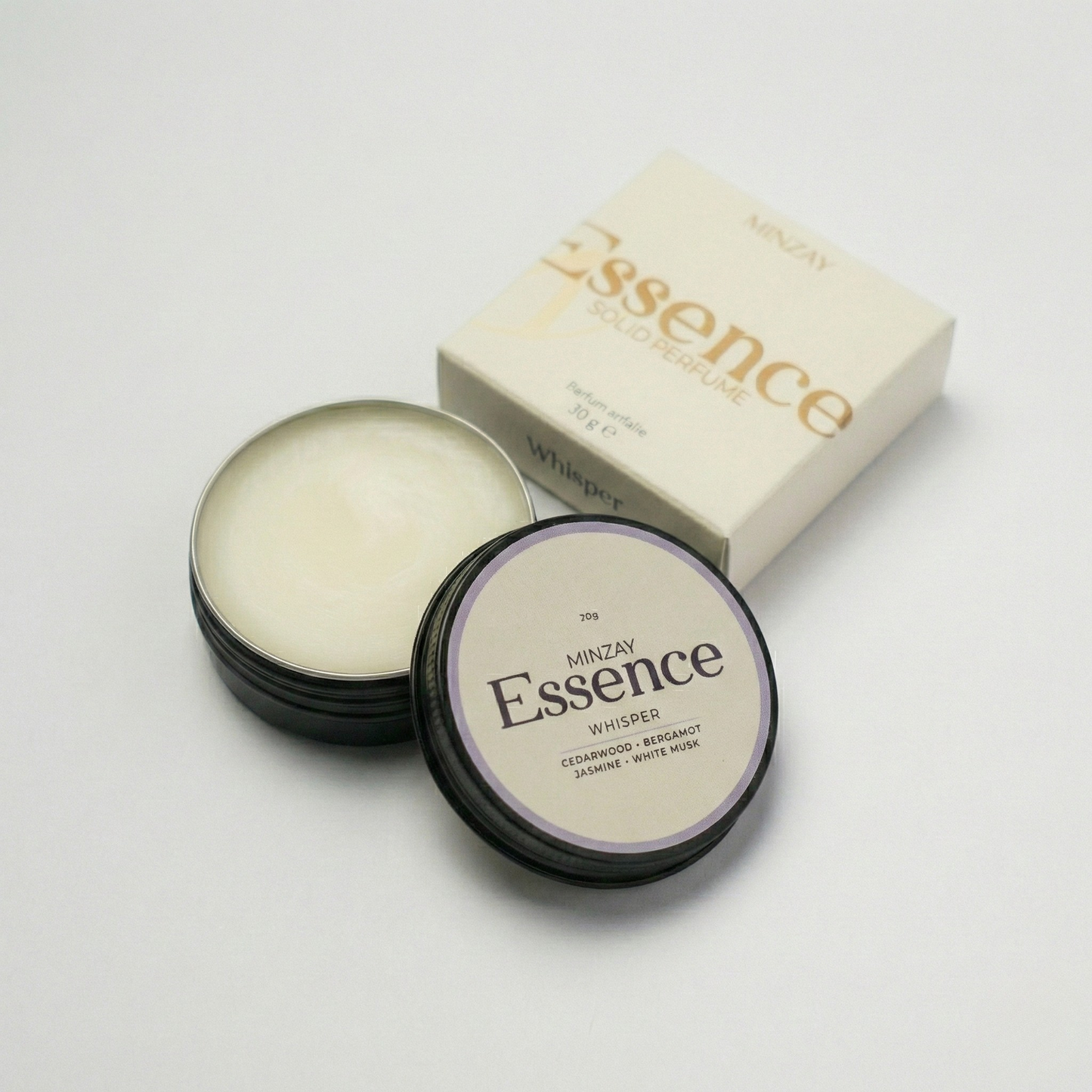 MINZAY Essence solid perfume in Whisper, clean cedarwood and bergamot, in a 30g tin