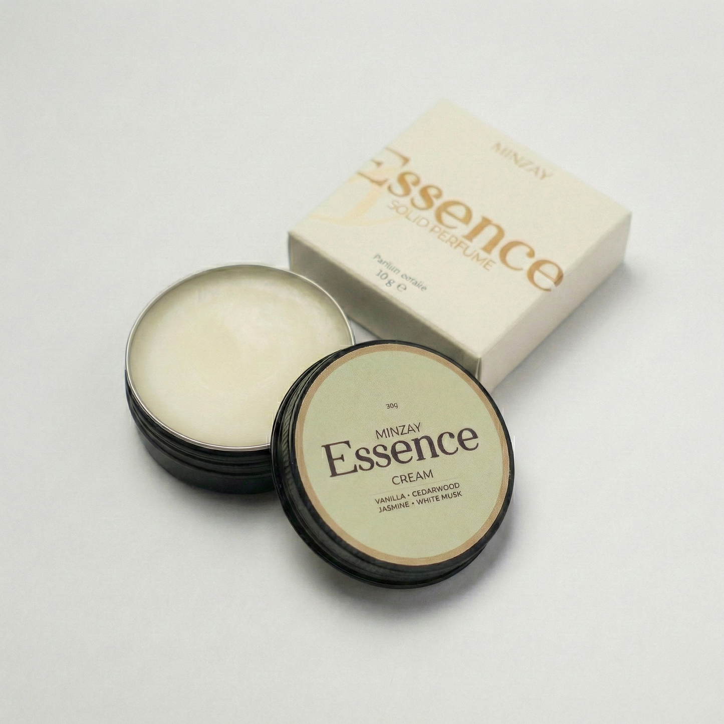 MINZAY Essence solid perfume in Cream, creamy vanilla with woody depth, in a 30g tin