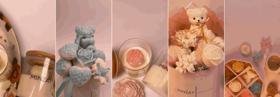 MINZAY candles, bouquets and wax melts in soft pink light