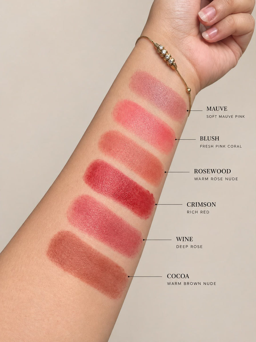 All six MINZAY Studio Blush Stick shades swatched on an arm
